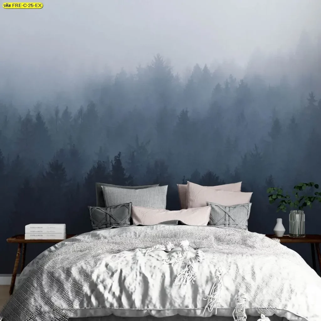 วอลเปเปอร์ห้องนอนลายป่าสีฟ้าเข้ม ไอเดียแต่งห้องนอนคอนโดบรรยากาศสงบ มินิมอล