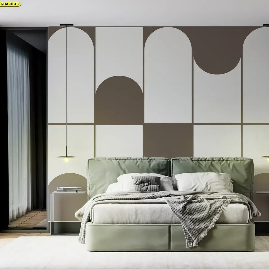 วอลเปเปอร์ห้องนอนลายโค้งมินิมอลโทนพาสเทล ไอเดียแต่งห้องนอนคอนโดสไตล์อบอุ่น