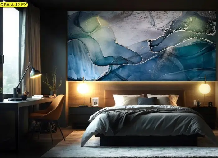 วอลเปเปอร์คอนโดห้องนอนลายแอบสแตรกโทนฟ้า-เทา ช่วยให้ห้องนอนคอนโดดูโมเดิร์นและสบายตา