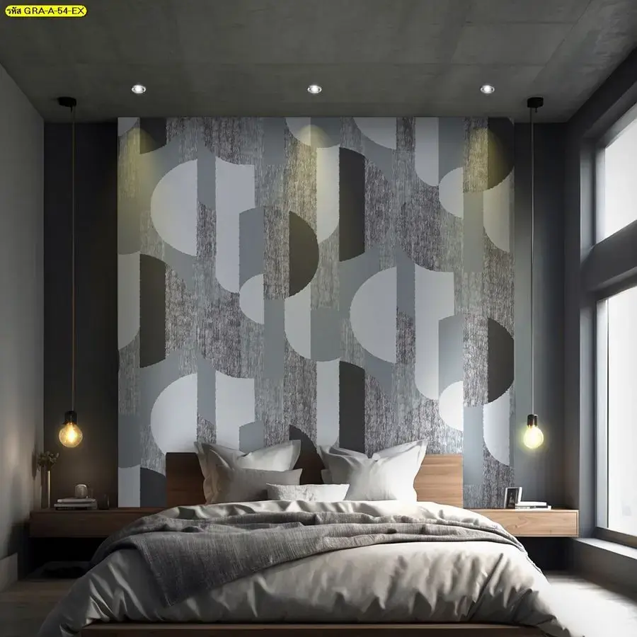 วอลเปเปอร์ห้องนอนลายกราฟิกสีเทา ไอเดียแต่งห้องนอนคอนโดสไตล์มินิมอลทันสมัย