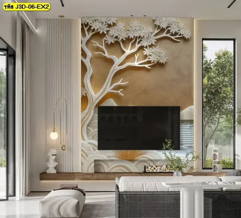 วอลเปเปอร์ 3 มิติ ผนังหลังทีวี ราคาถูก ลายต้นไม้สีขาวนูน เพิ่มมิติห้องนั่งเล่น เหมาะผู้แต่งบ้านงบจำกัด