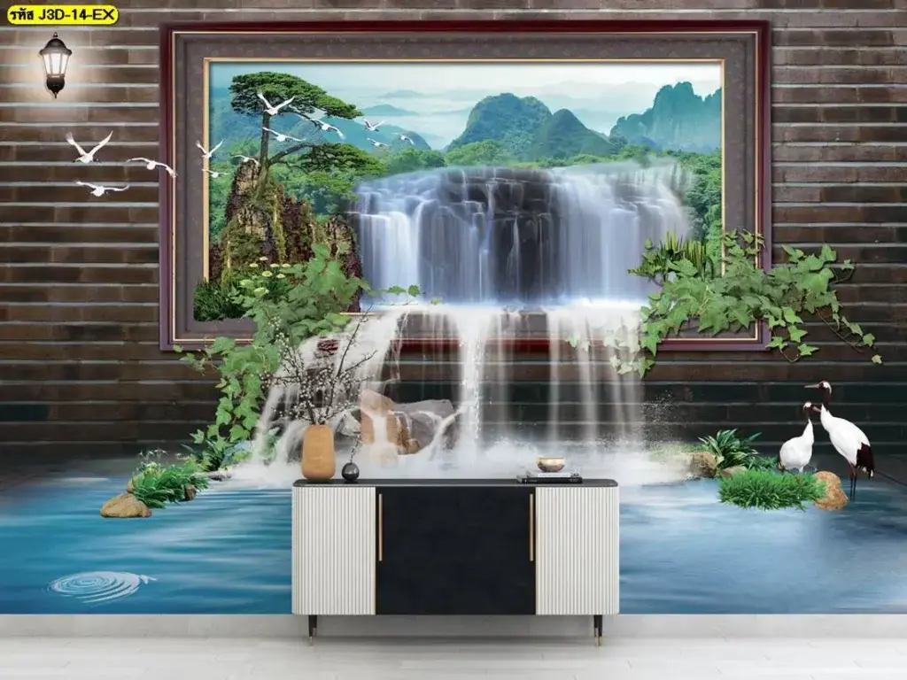 วอลเปเปอร์ 3 มิติ ราคาถูกที่สุด ลายน้ำตกภูเขาเสริมฮวงจุ้ย ตกแต่งผนังห้องรับแขก เพิ่มความโดดเด่นในงบคุมได้