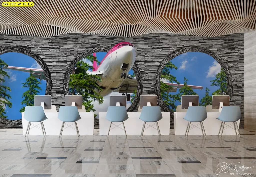 วอลเปเปอร์ 3 มิติ ลายอิฐ ราคาถูก ภาพเครื่องบินทะลุผนัง เพิ่มเอฟเฟกต์ลึก เหมาะสำนักงานหรือร้านกาแฟงบจำกัด