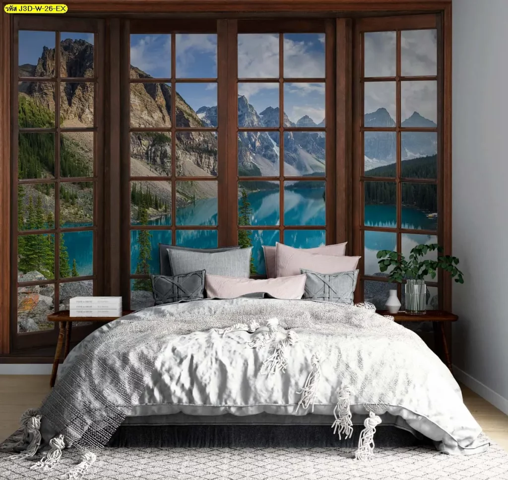 วอลเปเปอร์ 3 มิติ หัวเตียง ราคาถูก ลายหน้าต่างวิวภูเขาและทะเลสาบ เพิ่มความลึกผนังห้องนอนแบบประหยัด
