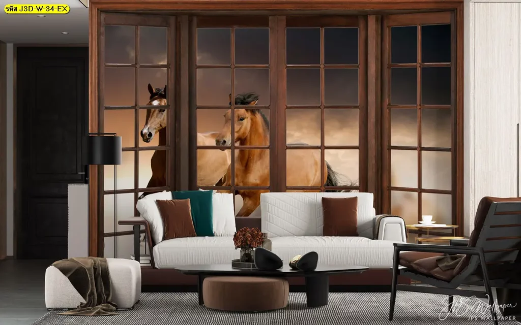 วอลเปเปอร์ 3 มิติ ผนังหลังโซฟา ราคาถูก ลายหน้าต่างม้าวิ่ง เพิ่มมุมมอง 3D สำหรับห้องนั่งเล่นหรือคอนโดขนาดเล็ก