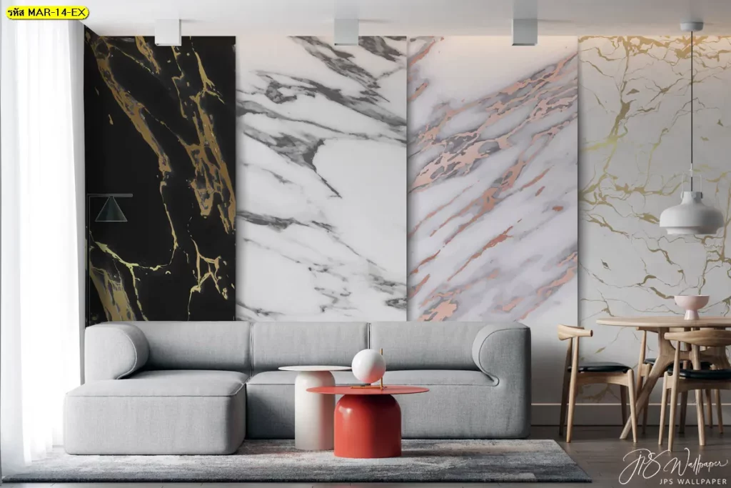 วอลเปเปอร์ลายหินอ่อน ติดผนังโทนขาวดำทอง ดีไซน์หรูสำหรับห้องนั่งเล่นสมัยใหม่ เหมาะกับผู้มองหาไอเดียวอลเปเปอร์หินอ่อนราคาและงานตกแต่งระดับพรีเมียม