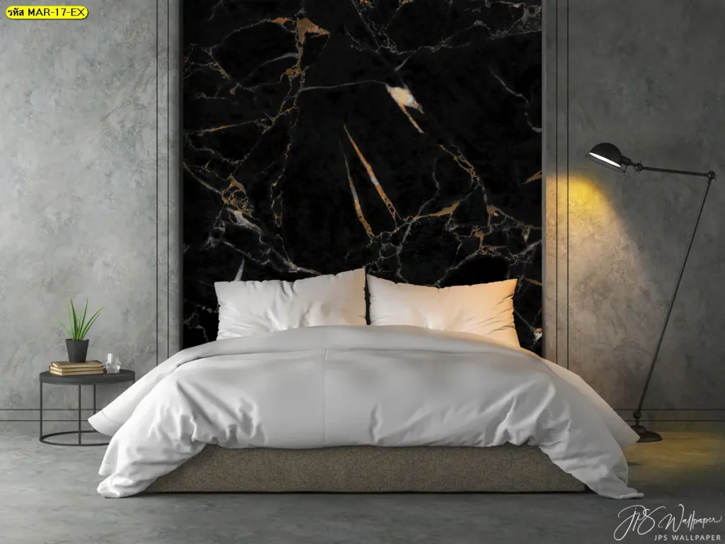วอลเปเปอร์ลายหินอ่อน ติดผนังหัวเตียงโทนดำทอง เพิ่มมิติหรูให้ห้องนอน เหมาะกับสายตกแต่งที่กำลังมองหาวอลเปเปอร์ลายหินอ่อนห้องนอนดีไซน์โมเดิร์น