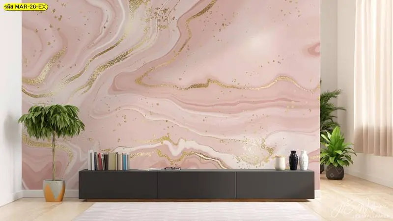 วอลเปเปอร์หินอ่อนชมพูทอง ตกแต่งผนังเรียบหรู