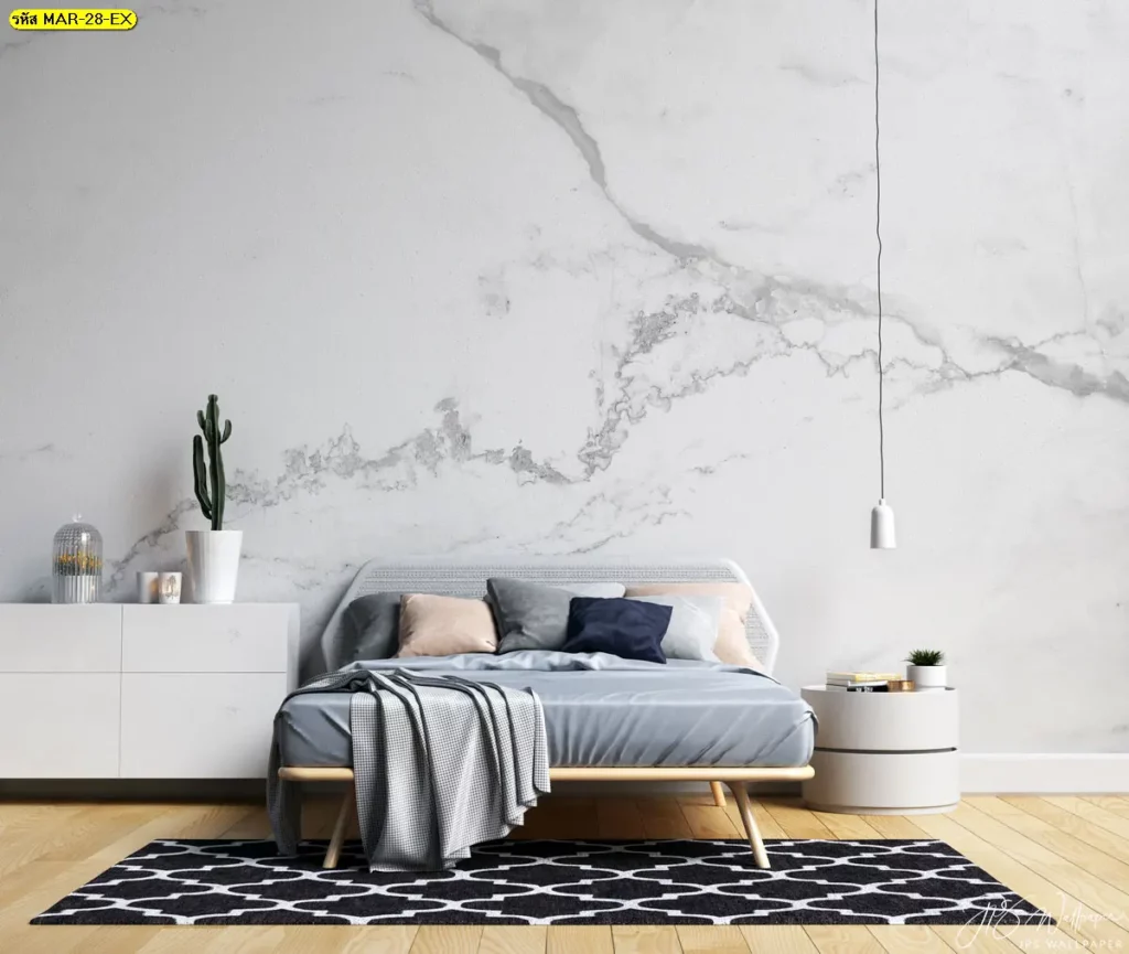 วอลเปเปอร์ลายหินอ่อน ติดผนังสีขาวมินิมอล เพิ่มความโปร่งโล่งในห้องนอน เหมาะกับนักออกแบบที่กำลังหาไอเดียวอลเปเปอร์หินอ่อนสีขาวทอง