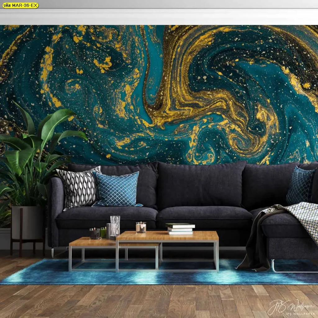 วอลเปเปอร์ลายหินอ่อน ติดผนังลายศิลป์สีเขียวทอง เพิ่มจุดเด่นให้ห้องรับแขก เหมาะกับผู้ต้องการวอลเปเปอร์หินอ่อนสีขาวทองแนวโมเดิร์นอาร์ต