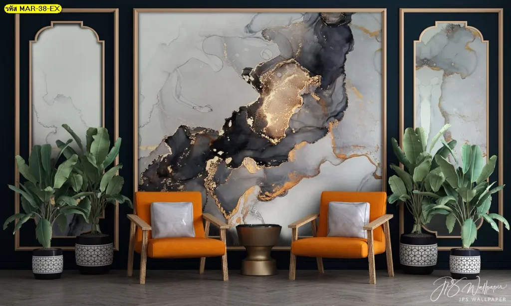 วอลเปเปอร์ลายหินอ่อน ติดผนังกรอบลายทอง ดีไซน์หรูสำหรับมุมรับแขกหรือโถงบ้าน ตอบโจทย์นักออกแบบที่มองหาวอลเปเปอร์หินอ่อนห้องนอนสไตล์ลักชูรี