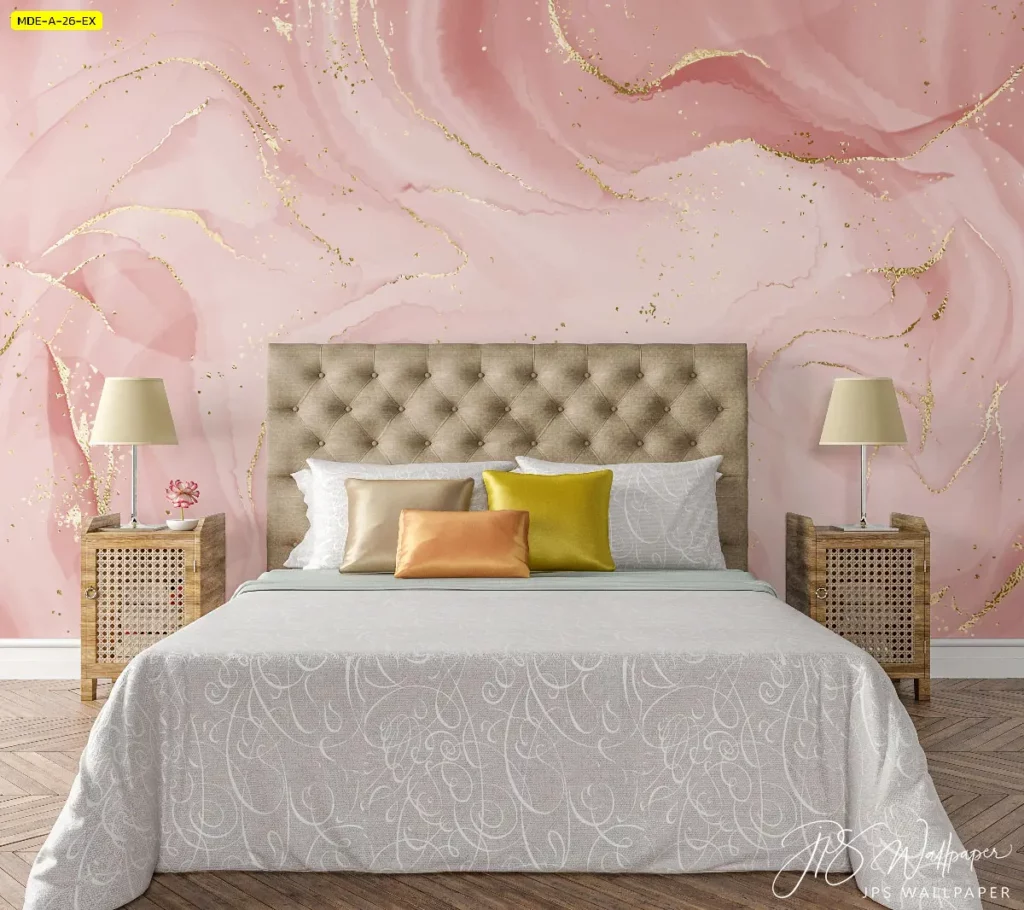 วอลเปเปอร์หินอ่อนชมพูทอง ตัวอย่างติดตั้งผนังจริง