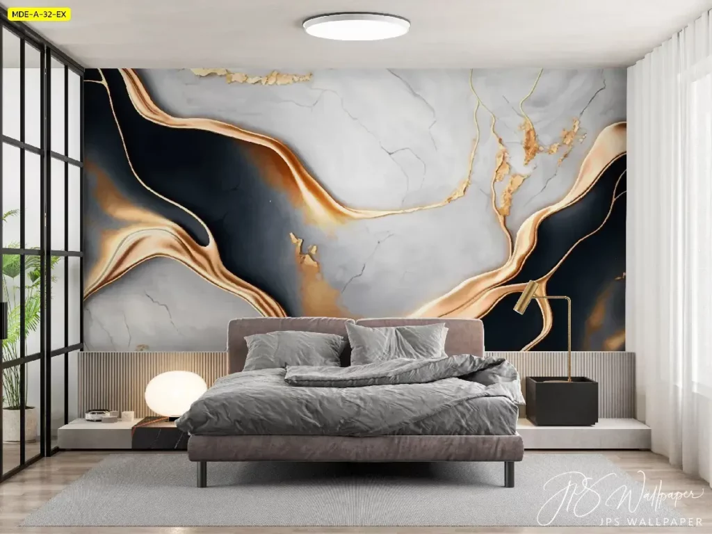 วอลเปเปอร์ห้องนอนลายหินอ่อนสีขาวทอง ไอเดียแต่งห้องโมเดิร์นหรูสำหรับคอนโด