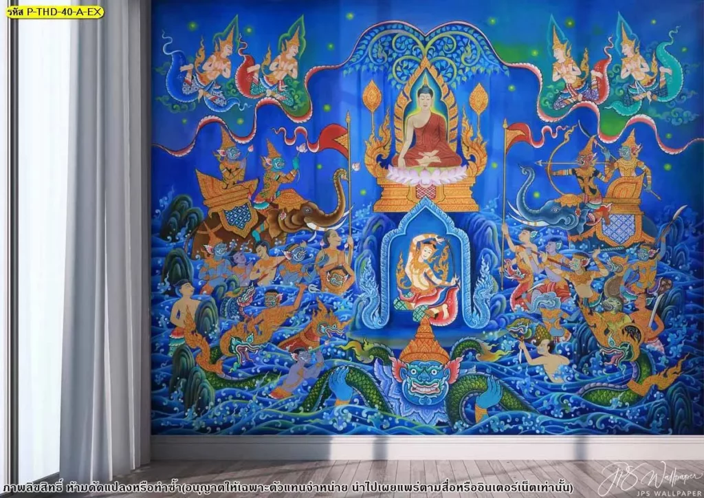 วอลเปเปอร์ห้องพระ ลายไทยเรื่องราวพุทธประวัติ โทนสีสด เพิ่มความโดดเด่นให้ผนังห้องพระและศาลาปฏิบัติธรรม
