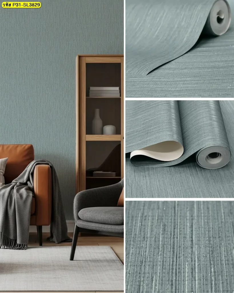 วอลเปเปอร์คอนโดลายผ้าสีเขียวเทา รหัส P31-SL3829 ช่วยเพิ่มความอบอุ่นให้ห้องนั่งเล่น เหมาะกับวอลเปเปอร์คอนโดห้องเล็กและกันชื้นสไตล์มินิมอลโมเดิร์น