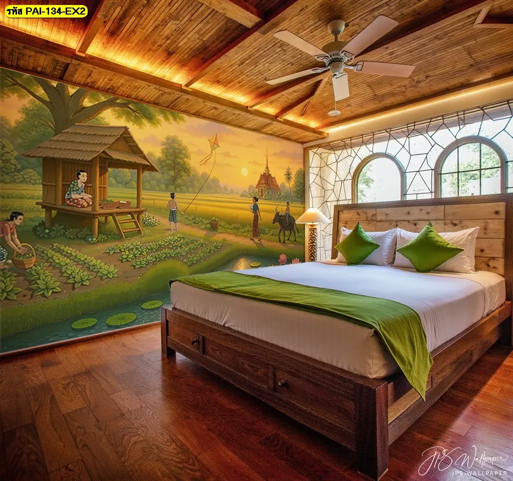 วอลเปเปอร์ห้องนอนภาพวาดชนบทไทย ไอเดียแต่งห้องนอนอบอุ่นสไตล์ธรรมชาติ