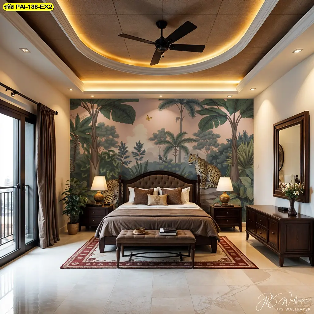 วอลเปเปอร์ห้องนอนลายสัตว์ป่าและต้นไม้ ไอเดียแต่งห้องนอนคอนโดโทนอบอุ่น