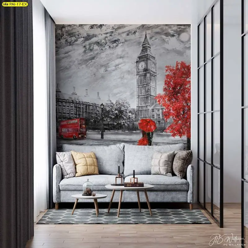 วอลเปเปอร์คอนโดลายเมืองยุโรปสีขาวดำ เพิ่มจุดเด่นผนังห้องนั่งเล่นคอนโดและช่วยสร้างมิติพื้นที่