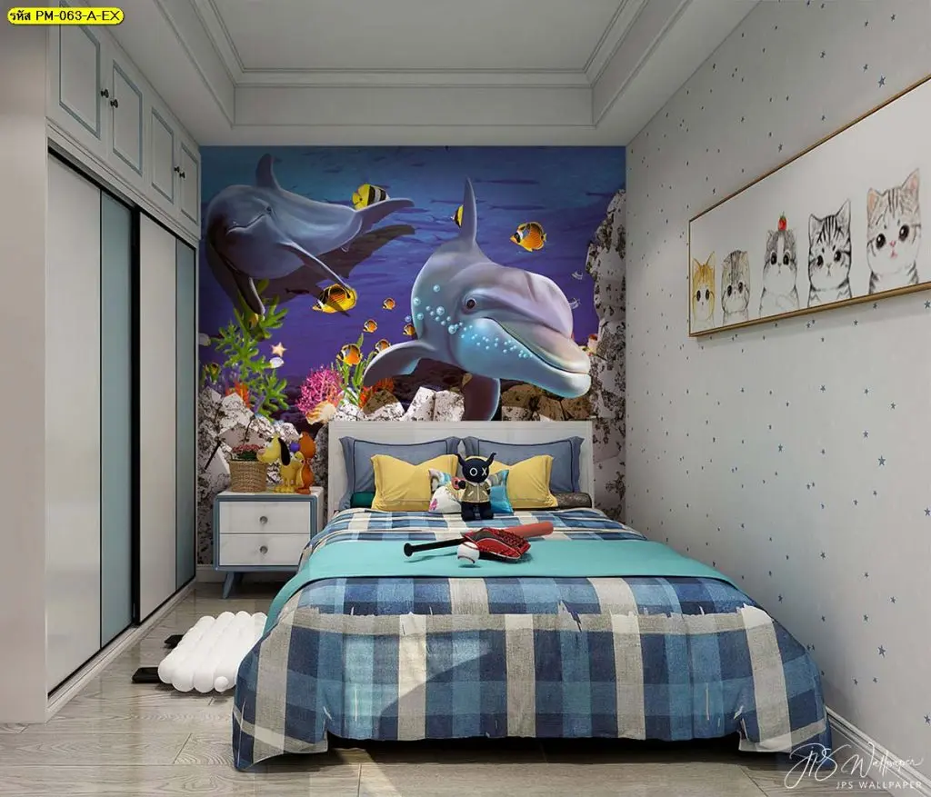 วอลเปเปอร์ 3 มิติ หัวเตียง ราคาถูก ลายปลาโลมาใต้ทะเล เหมาะห้องเด็กหรือห้องนอน เพิ่มสีสันในงบคุมได้