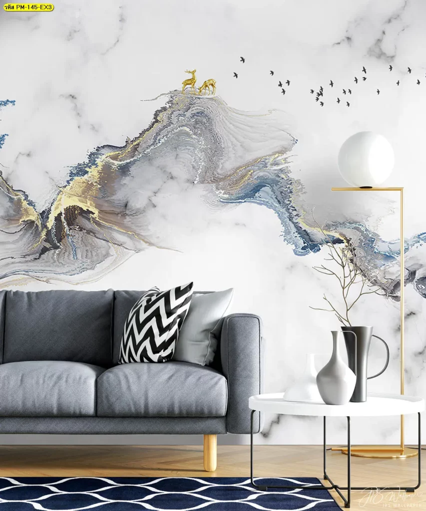วอลเปเปอร์หินอ่อนสีขาวทอง ติดผนังลายศิลป์โมเดิร์น เพิ่มความหรูให้ห้องนั่งเล่น เหมาะกับเจ้าของบ้านที่ต้องการวอลเปเปอร์ลายหินอ่อน ติดผนัง