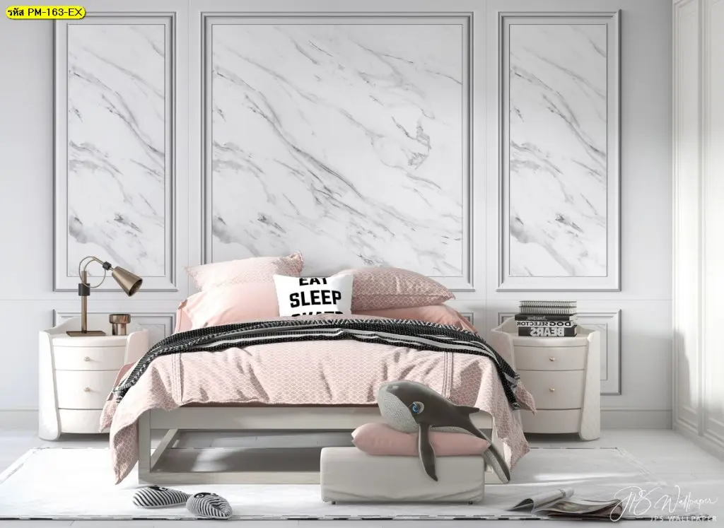 วอลเปเปอร์ลายไม้โทนขาวลายหินอ่อน สำหรับกรุผนังลายไม้สไตล์เรียบหรูในห้องนอน