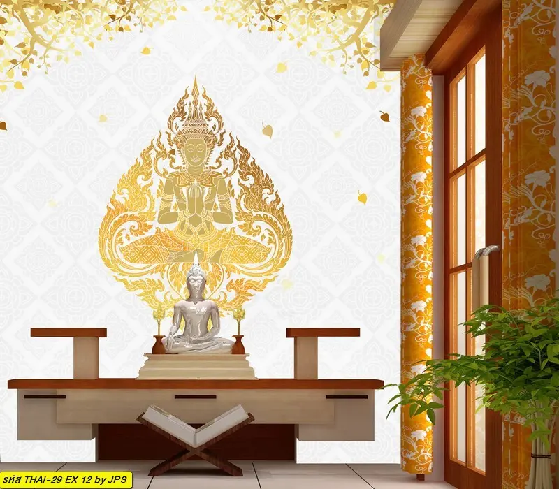 วอลเปเปอร์ห้องพระ ลายเทพพนมสีทองพื้นขาว ดีไซน์ไทยหรู เหมาะกับผู้ศรัทธาและการตกแต่งโบสถ์