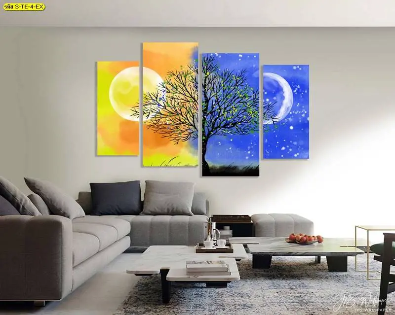 วอลเปเปอร์คอนโดภาพศิลปะต้นไม้กลางวันกลางคืน เพิ่มสีสันให้ห้องนั่งเล่นคอนโดสไตล์โมเดิร์น
