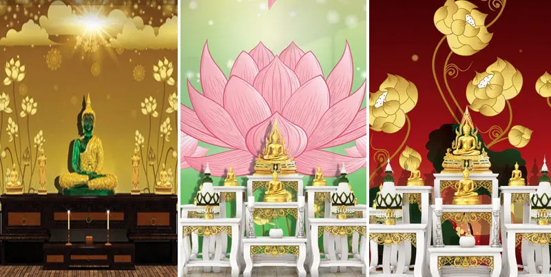 วอลเปเปอร์ห้องพระ ลายดอกบัวมงคล โทนสีทอง ชมพู แดง สื่อถึงความบริสุทธิ์และการหลุดพ้นตามคติพุทธ