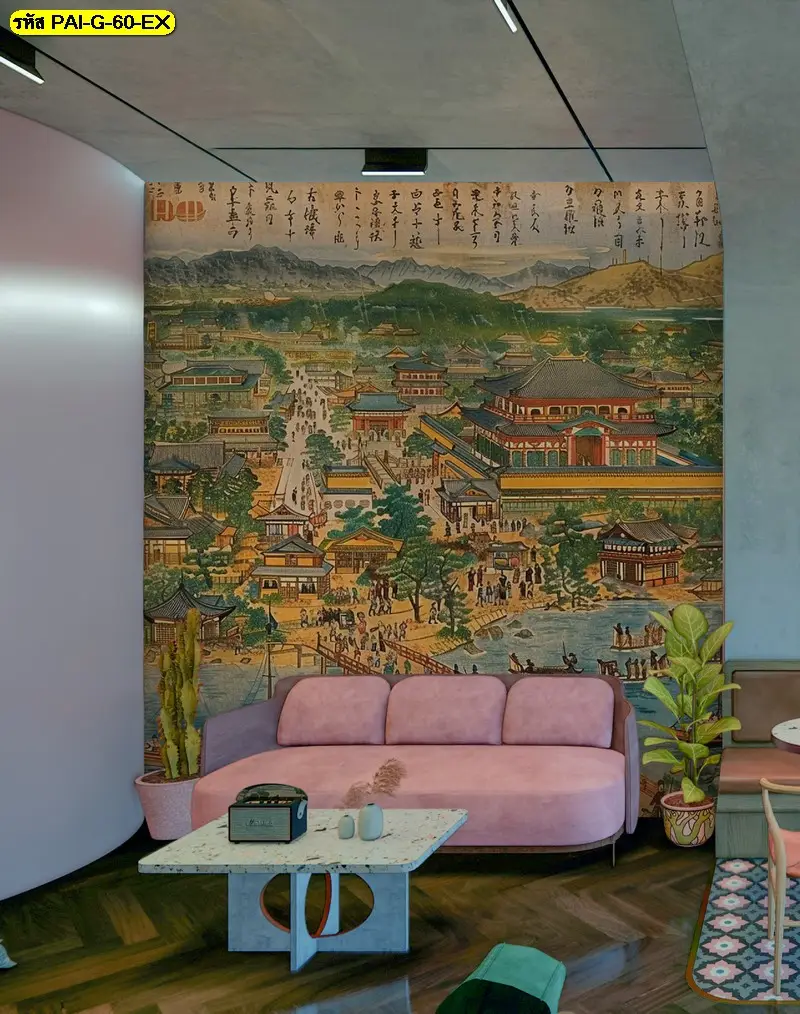 วอลเปเปอร์ร้านอาหารเกาหลี รับพิมพ์และติดตั้ง เป็น Korean aesthetic mural art สำหรับคาเฟ่เกาหลีร่วมสมัย