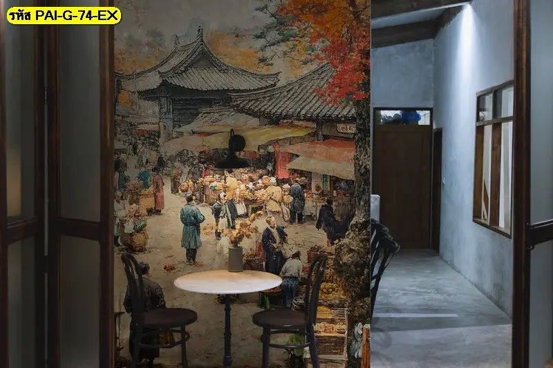 Korean aesthetic mural art โทนละมุน รับพิมพ์ตามขนาดจริง พร้อมติดตั้งวอลเปเปอร์ร้านอาหารเกาหลีสไตล์คาเฟ่