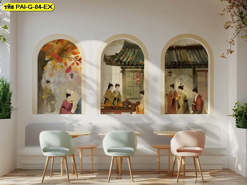 วอลเปเปอร์ภาพเกาหลีแนวอาร์ตโทนพาสเทล รับพิมพ์และบริการติดตั้ง เป็น Korean aesthetic mural art สำหรับภาพแต่งผนังร้านอาหารเกาหลีและคาเฟ่