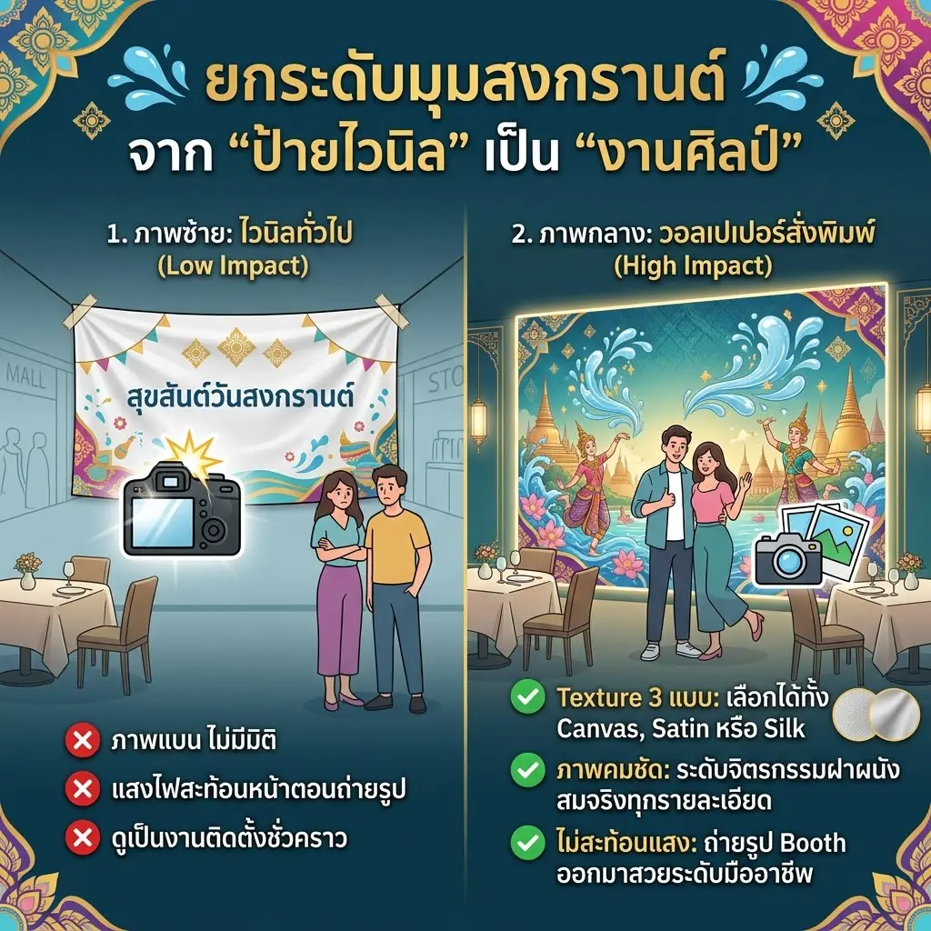 วอลเปเปอร์สั่งพิมพ์ลายสงกรานต์ เปรียบเทียบงานตกแต่งร้านอาหารไทยร่วมสมัย