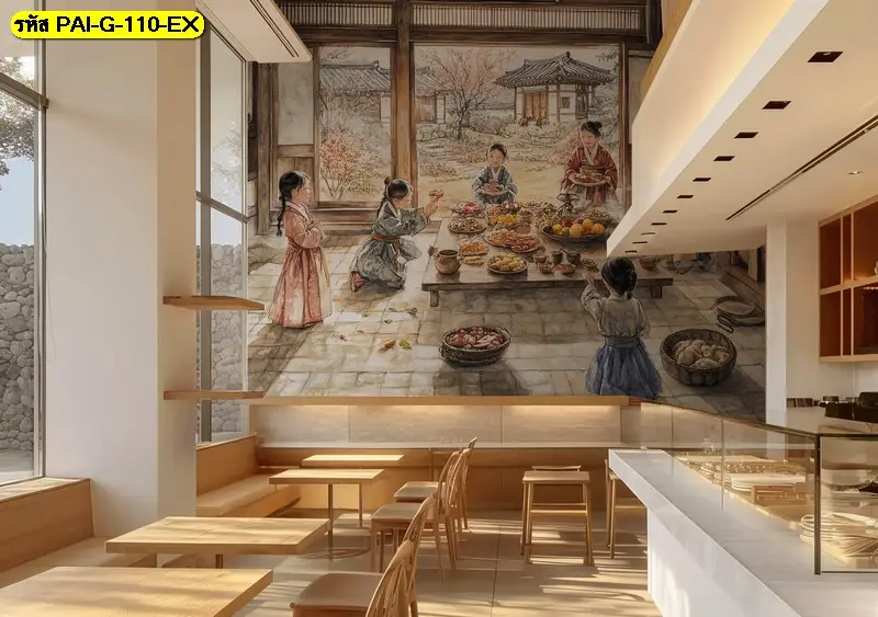 ภาพสไตล์เกาหลีร่วมสมัยลายเมือง รับพิมพ์และบริการติดตั้ง เป็นไอเดียแต่งผนังวอลเปเปอร์ร้านอาหารเกาหลีที่ดูเรียบหรู