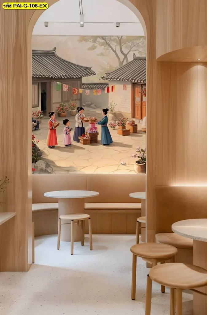 วอลเปเปอร์ร้านอาหารเกาหลีลายเมืองพาสเทล รับพิมพ์และติดตั้ง เป็น Korean aesthetic mural art ที่ช่วยสร้างจุดถ่ายรูปฃ