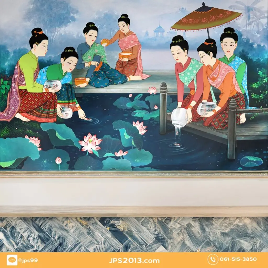 วอลเปเปอร์สั่งพิมพ์ลายสงกรานต์ ภาพหญิงไทยริมสระบัว เหมาะกับงานตกแต่งไทยหรู