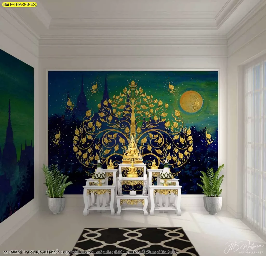 วอลเปเปอร์ลายไทยลิขสิทธิ์ เทวดาเหินฟ้าพื้นเขียวอมฟ้า ลวดลายอ่อนช้อยงดงาม