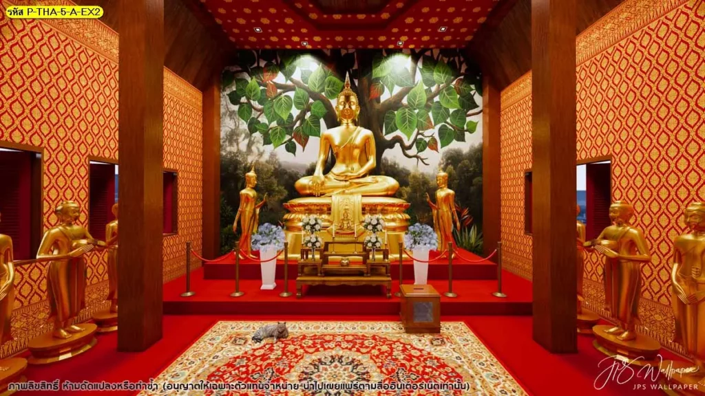 วอลเปเปอร์สำหรับวัด ลายต้นโพธิ์หลังพระประธาน โทนทองแดง วอลเปเปอร์ลายไทยคุณภาพ เหมาะตกแต่งสถานที่ศักดิ์สิทธิ์