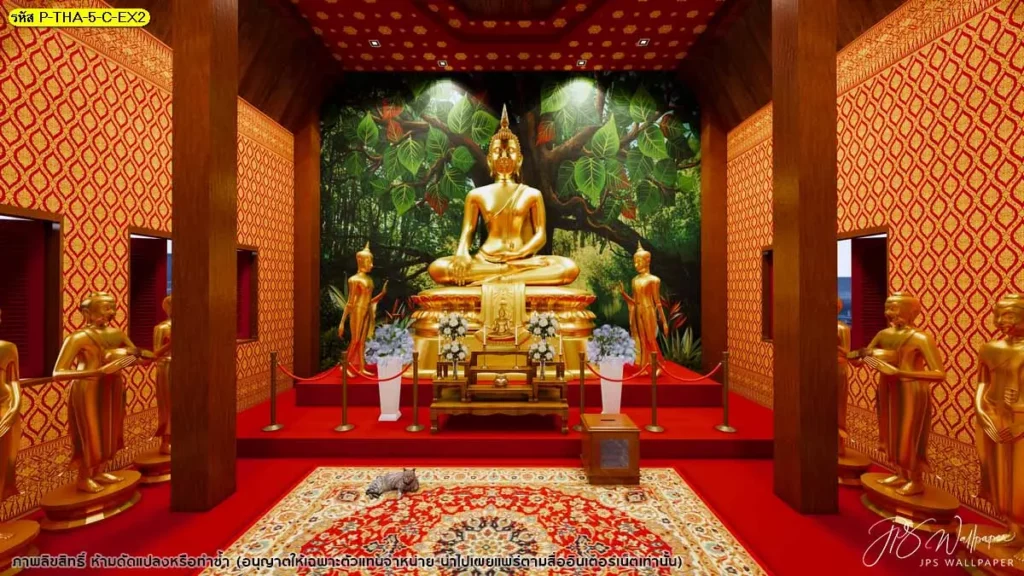 วอลเปเปอร์สำหรับวัด ฉากป่าธรรมชาติหลังองค์พระ โทนลึกสงบ วอลเปเปอร์ลายไทยคุณภาพ ใช้ตกแต่งสถานที่ศักดิ์สิทธิ์