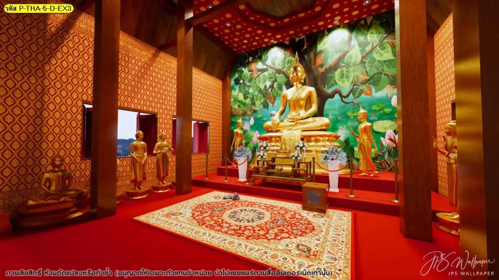 วอลเปเปอร์สำหรับวัด ฉากบัวน้ำและต้นโพธิ์สีเขียวสด วอลเปเปอร์ลายไทยคุณภาพ ช่วยยกระดับตกแต่งสถานที่ศักดิ์สิทธิ์