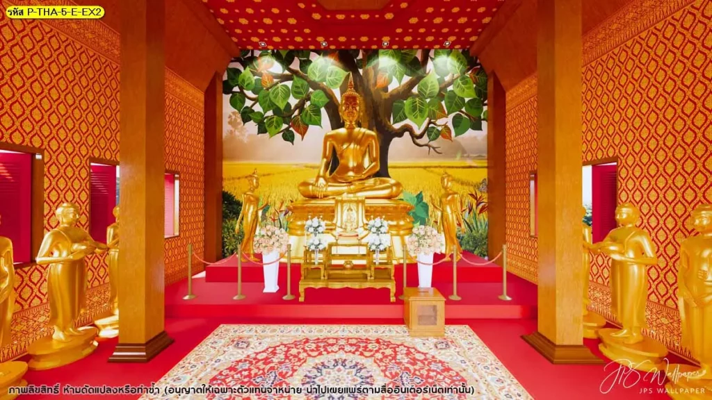 วอลเปเปอร์สำหรับวัด ฉากทุ่งรวงทองใต้ต้นโพธิ์ โทนสว่าง วอลเปเปอร์ลายไทยคุณภาพ เหมาะตกแต่งสถานที่ศักดิ์สิทธิ์