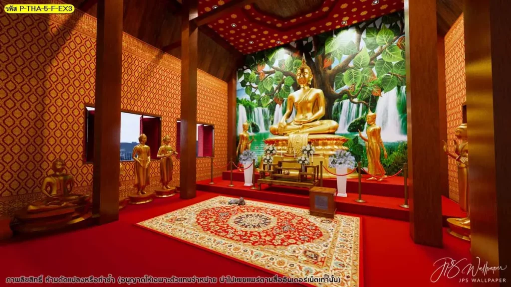 วอลเปเปอร์สำหรับวัด ฉากน้ำตกธรรมชาติหลังพระประธาน โทนเขียวเข้ม วอลเปเปอร์ลายไทยคุณภาพ ตกแต่งสถานที่ศักดิ์สิทธิ์