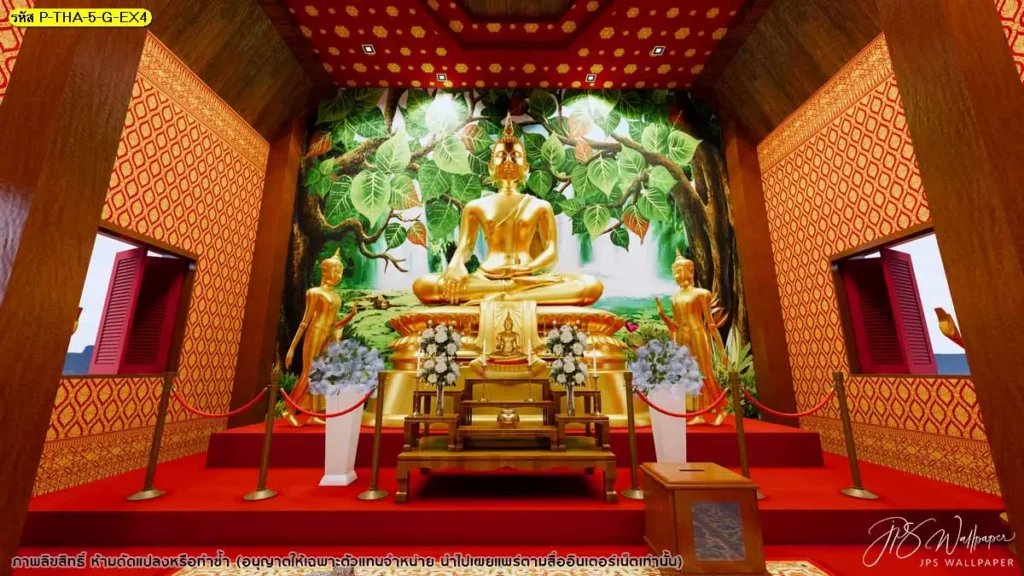 วอลเปเปอร์สำหรับวัด ลายต้นโพธิ์และบึงบัวสีเขียวทอง วอลเปเปอร์ลายไทยคุณภาพ สร้างบรรยากาศตกแต่งสถานที่ศักดิ์สิทธิ์
