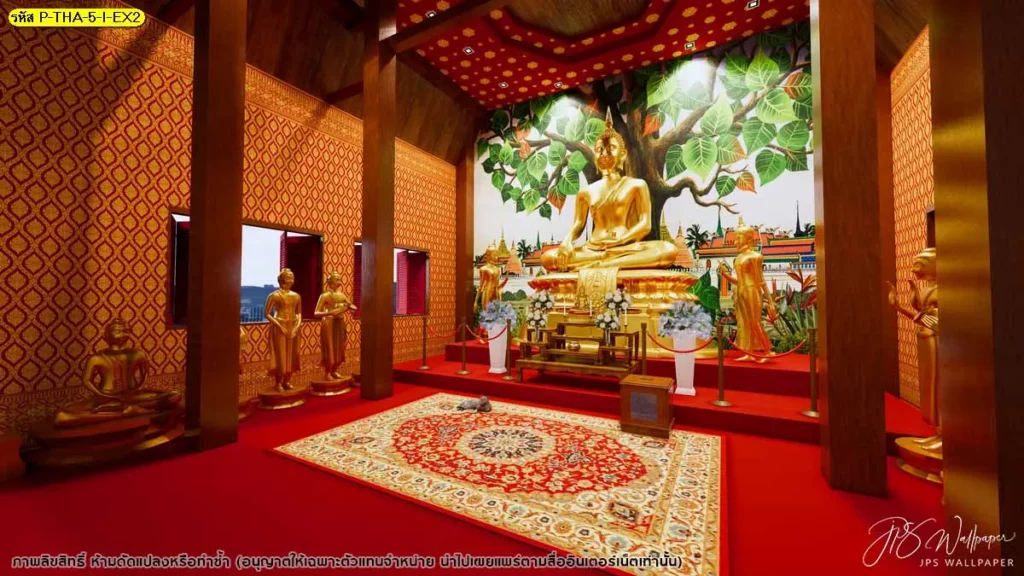 วอลเปเปอร์สำหรับวัด ฉากวัดไทยโบราณใต้ต้นโพธิ์ โทนอบอุ่น วอลเปเปอร์ลายไทยคุณภาพ เหมาะตกแต่งสถานที่ศักดิ์สิทธิ์