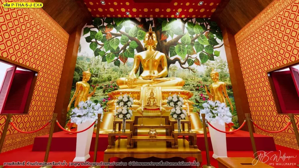 วอลเปเปอร์สำหรับวัด ฉากสวนบัวและธรรมชาติร่มรื่นหลังพระ วอลเปเปอร์ลายไทยคุณภาพ ใช้ตกแต่งสถานที่ศักดิ์สิทธิ์