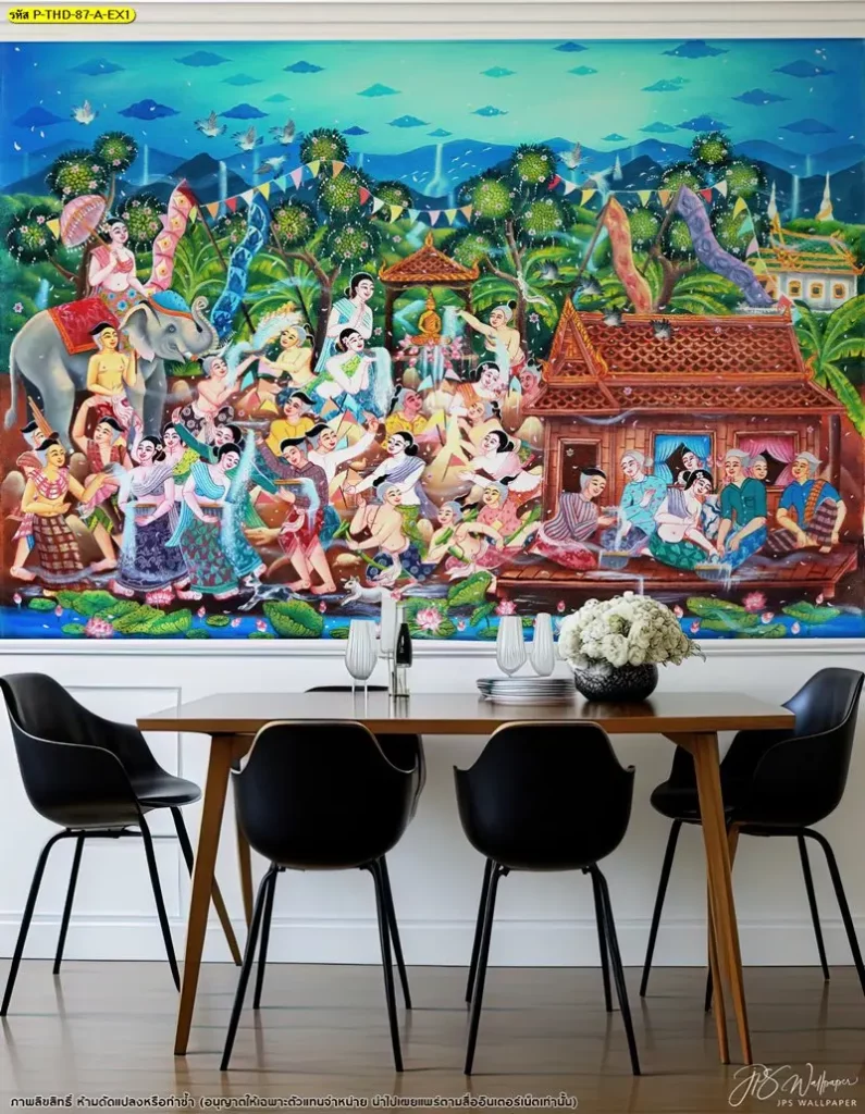 วอลเปเปอร์สั่งพิมพ์ลายสงกรานต์ สีสดบรรยากาศครึกครื้น สำหรับร้านอาหารไทยร่วมสมัย