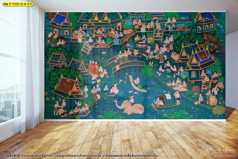 วอลเปเปอร์สั่งพิมพ์ลายสงกรานต์ ฉากชุมชนไทยโทนเขียวเข้ม สำหรับร้านอาหารไทยร่วมสมัย