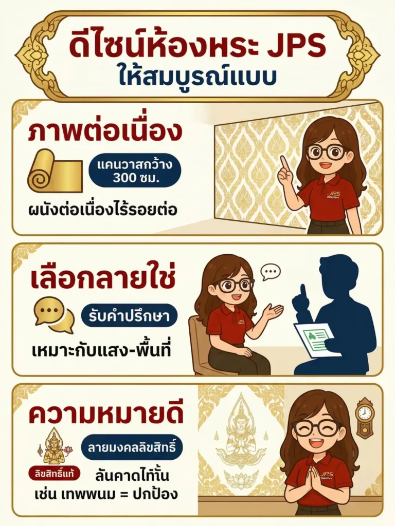 วอลเปเปอร์ลายไทยลิขสิทธิ์ ดีไซน์ห้องพระ JPS ภาพต่อเนื่องลายมงคล