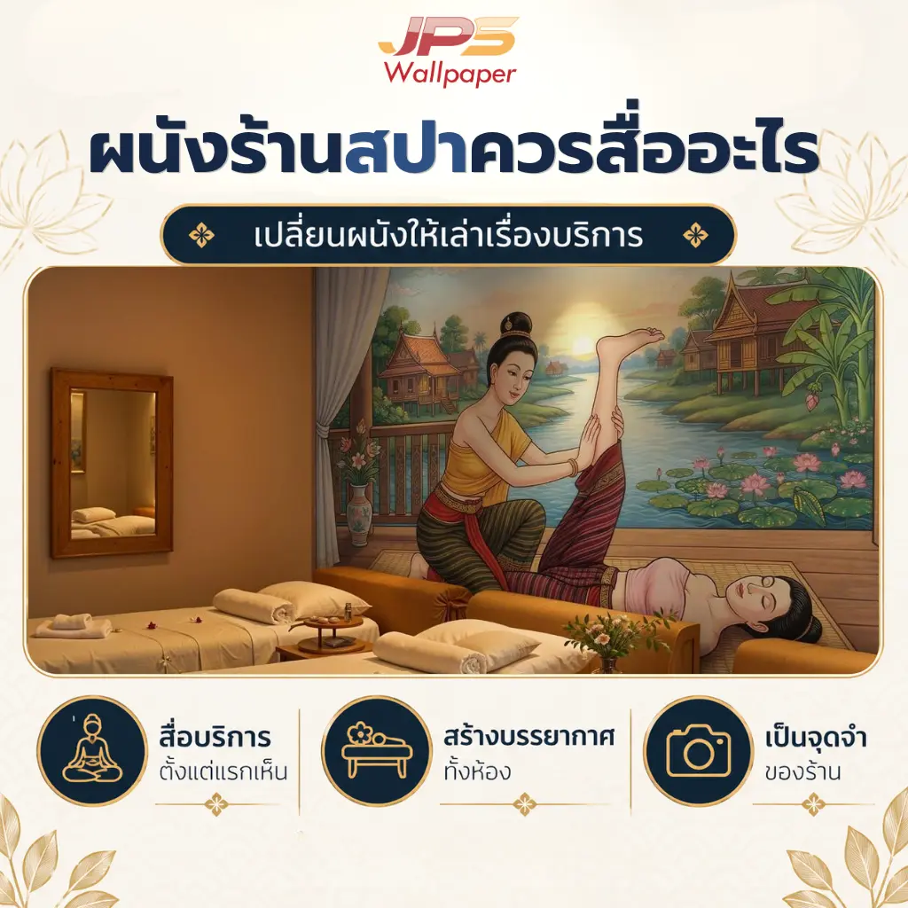 วอลเปเปอร์ท่านวดไทยยืดขา JPS Wallpaper ใช้ตกแต่งผนังร้านนวดไทย ช่วยให้ร้านดูมีเรื่องราวและน่าจดจำ