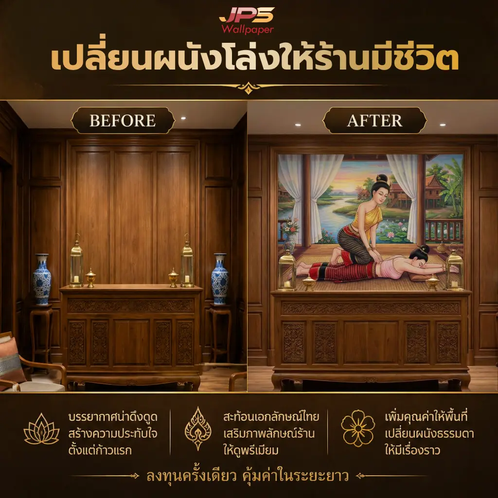 Before After ภาพติดผนังร้านนวดโทนอบอุ่น เปลี่ยนผนังโล่งให้มีเรื่องราว JPS Wallpaper