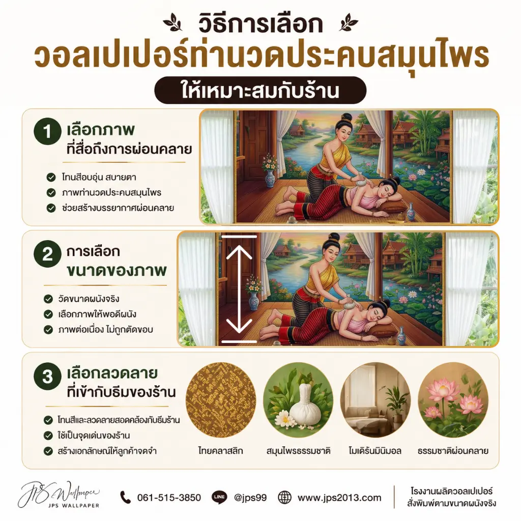 ภาพการออกแบบผนังร้านสปาไทย ด้วยวอลเปเปอร์ลายท่านวดประคบสมุนไพร